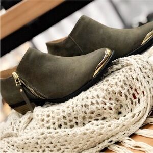 Olive green gold accent suede ankle booties boots khaki
